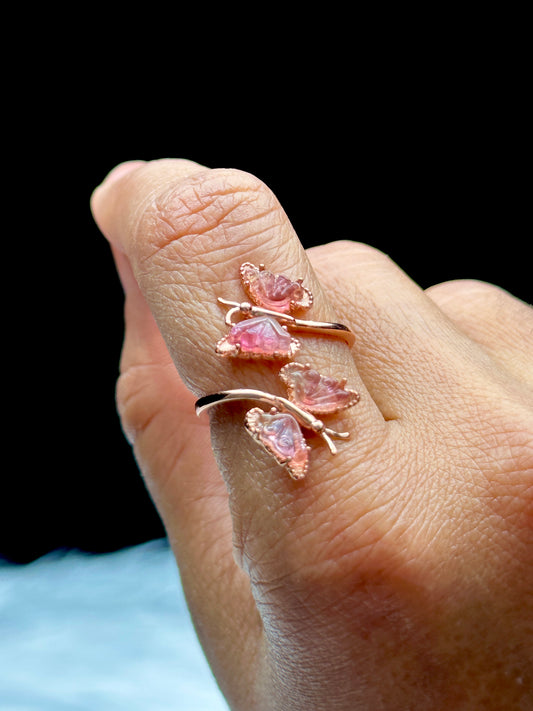 Pink Tourmaline Crystal Butterfly Ring – Adjustable Size, Handmade Sterling Silver Ring