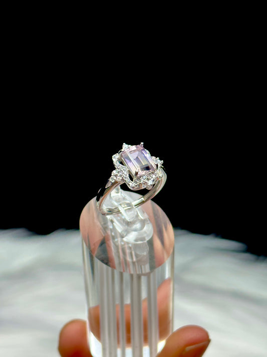 Lavender Moon Quartz Solitaire Ring – Sterling Silver, Adjustable, CZ Diamond Halo