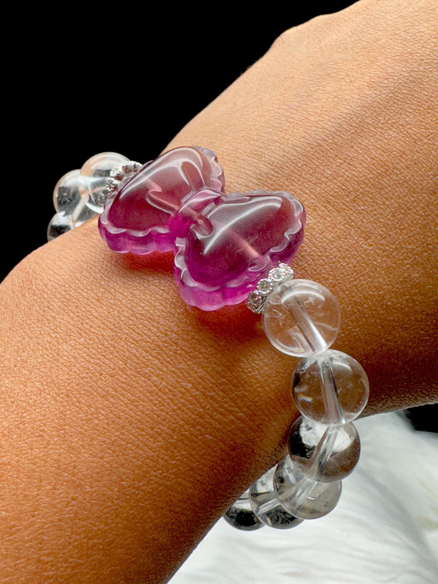 Clear Quartz Bracelet with Purple Fluorite Bow – 12mm Beads, Stretch Cord, Handmade Crystal Jewelry