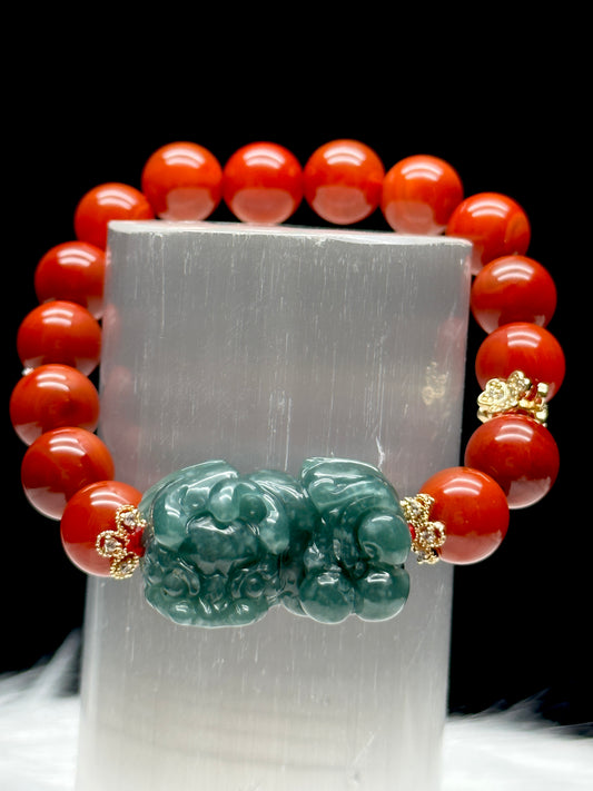 High-Quality Red Jade Bracelet with Jade Pixiu – 10mm Beads, Stretchable, Sterling Silver Spacers