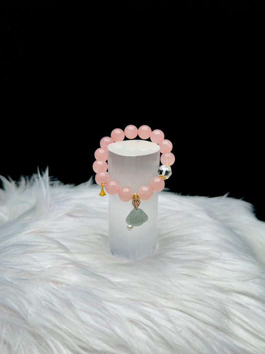 High-Quality Rose Quartz Crystal Bracelet with Jade Buddha Charm, Sterling Silver Spacers, and Pearl Charms