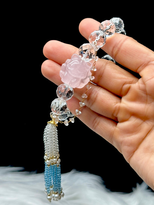 High-Quality Clear Quartz Crystal Bracelet – Rose Quartz Nine-Tail Fox, Aquamarine, Pearl & Sterling Silver Details