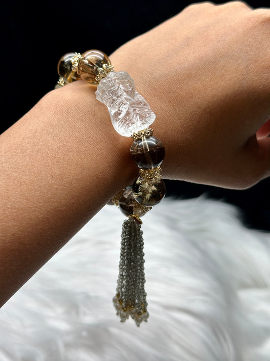 High-Quality Smoky Quartz Crystal Bracelet – Clear Quartz Praying Baby Buddha, Sterling Silver Gold-Plated Spacers, Pearl & Clear Quartz Tassel
