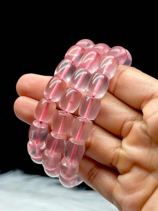 Gemmy Rose Quartz Bracelet – 10mm Drum Beads, Stretchable Cord, Handmade Crystal Jewelry