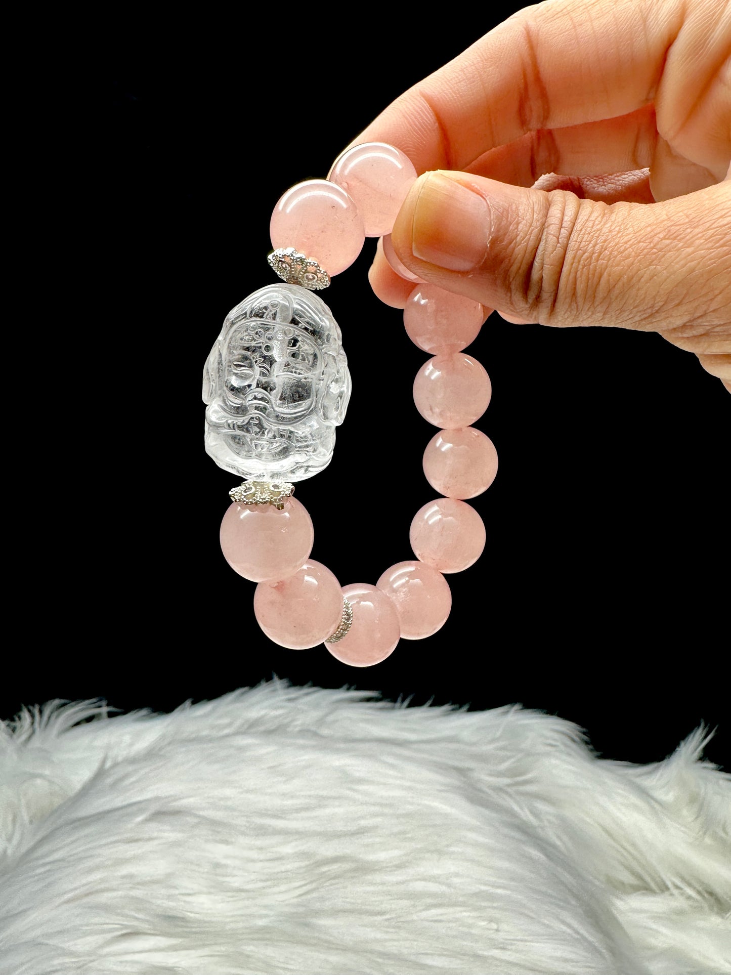 Gemmy Rose Quartz Bracelet w/ Clear Quartz Ganesha – 12mm Beads, Sterling Silver Charms, Stretchable Cord