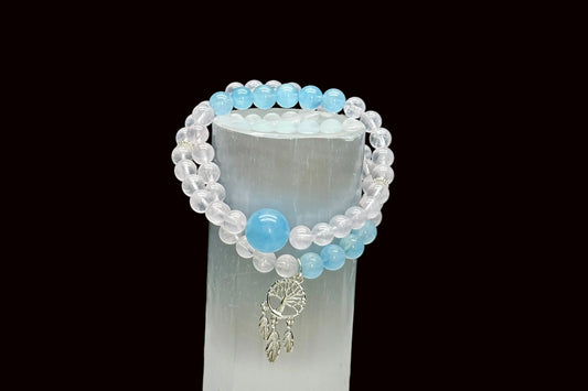 Aquamarine & Clear Quartz Crystal Bracelet – Double Layer, Stretch Cord, 8mm Beads, Sterling Silver Dreamcatcher Charm