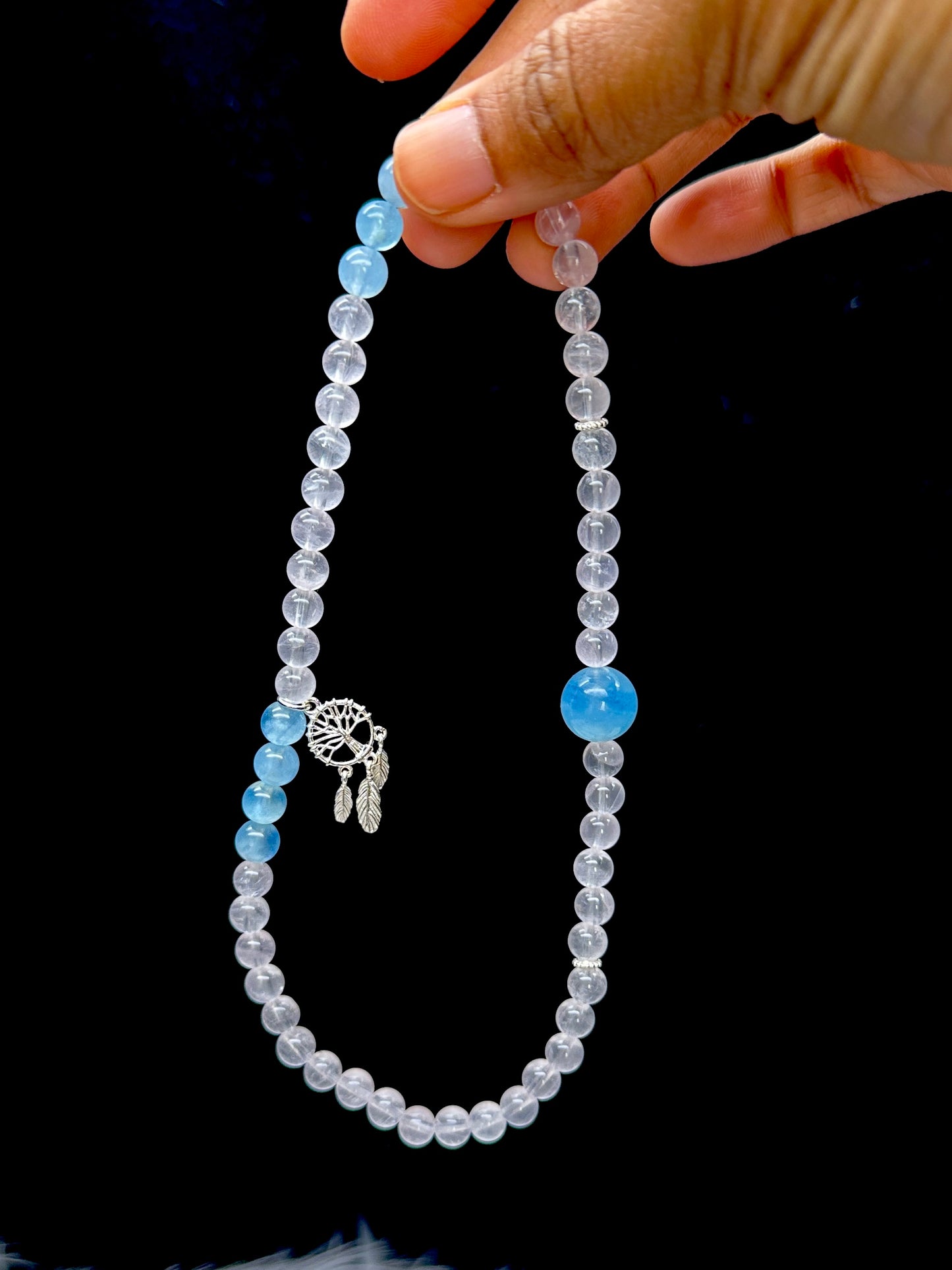 Aquamarine & Clear Quartz Crystal Bracelet – Double Layer, Stretch Cord, 8mm Beads, Sterling Silver Dreamcatcher Charm