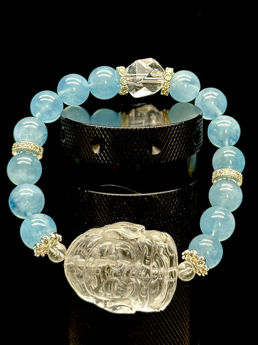 Aquamarine Crystal Bracelet with Clear Quartz Ganesha – 10mm Beads, Stretch Cord, Sterling Silver Accent