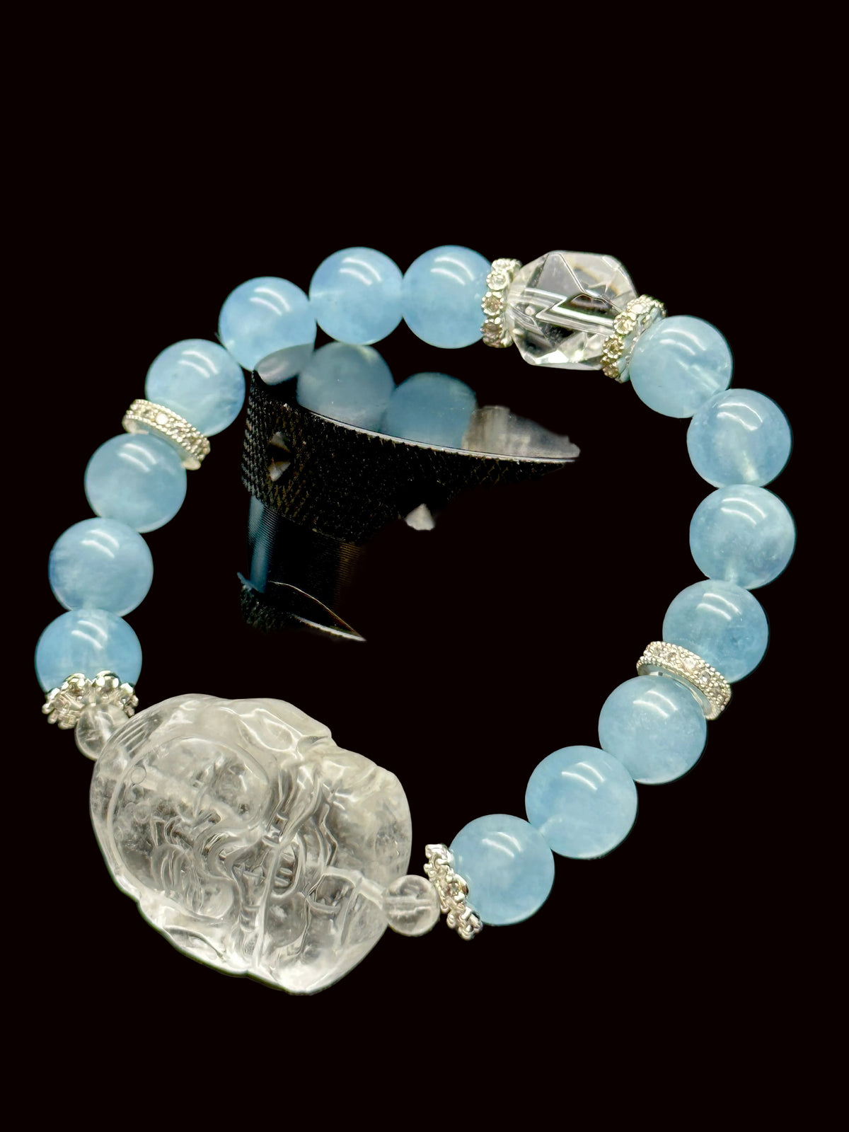 Aquamarine Crystal Bracelet with Clear Quartz Ganesha – 10mm Beads, Stretch Cord, Sterling Silver Accent