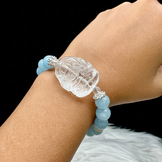 Aquamarine Crystal Bracelet with Clear Quartz Ganesha – 10mm Beads, Stretch Cord, Sterling Silver Accent