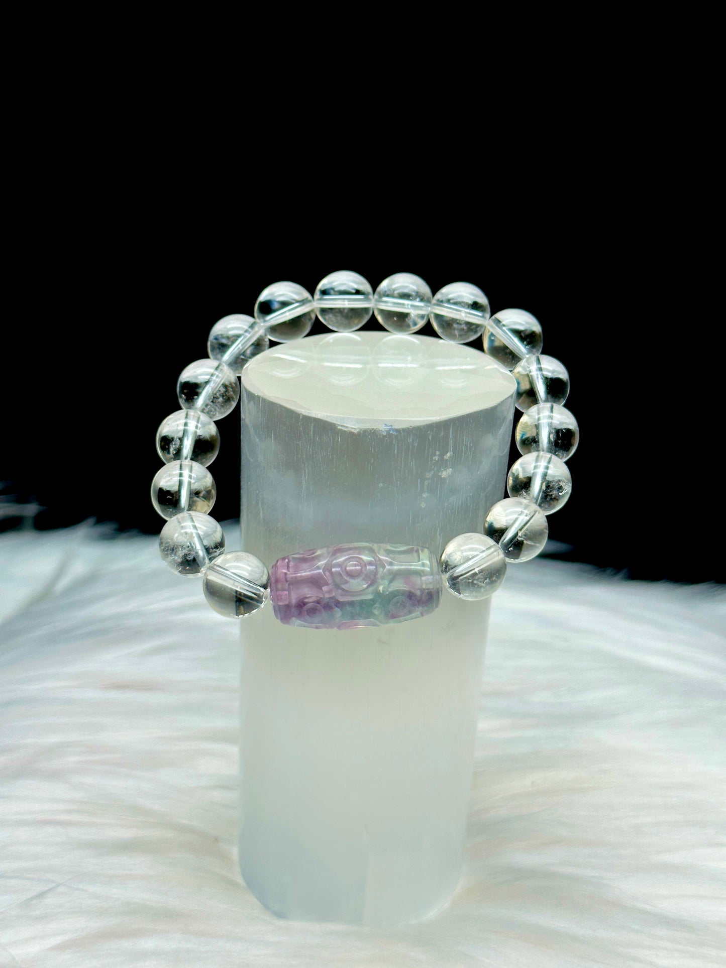 Clear Quartz Crystal Bracelet with Carved Fluorite Center Bead – 10mm Beads, Energy Healing Bracelet