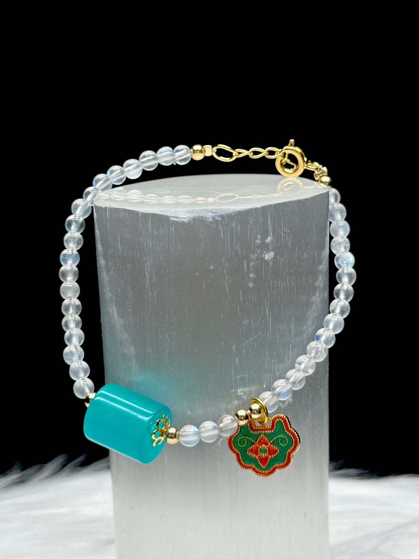White Moonstone Crystal Bracelet with Blue Amazonite Center – Feng Shui Sterling Silver Charm, Adjustable Hook