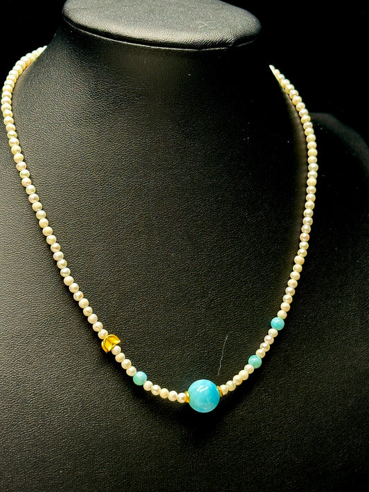 Natural Pearl & Larimar Bead Necklace – Sterling Silver Charm, Handmade Gemstone Jewelry