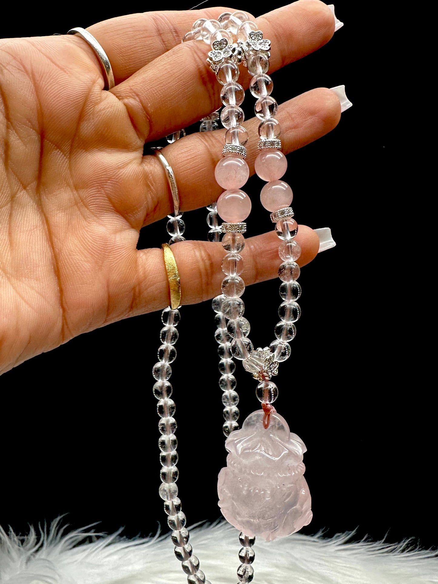 Clear Quartz & Rose Quartz Necklace with Carved Rose Quartz Wu Lou Pendant & Sterling Silver Accents – Healing Crystal Jewelry