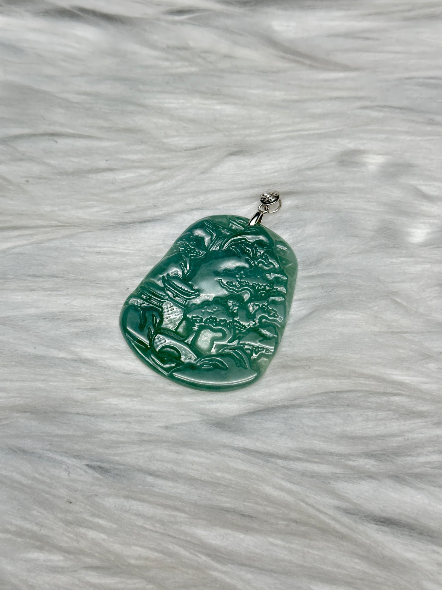 High-Quality Jade Carved Pendant – Scenic Carving with Sterling Silver Hook, Natural Green Jade