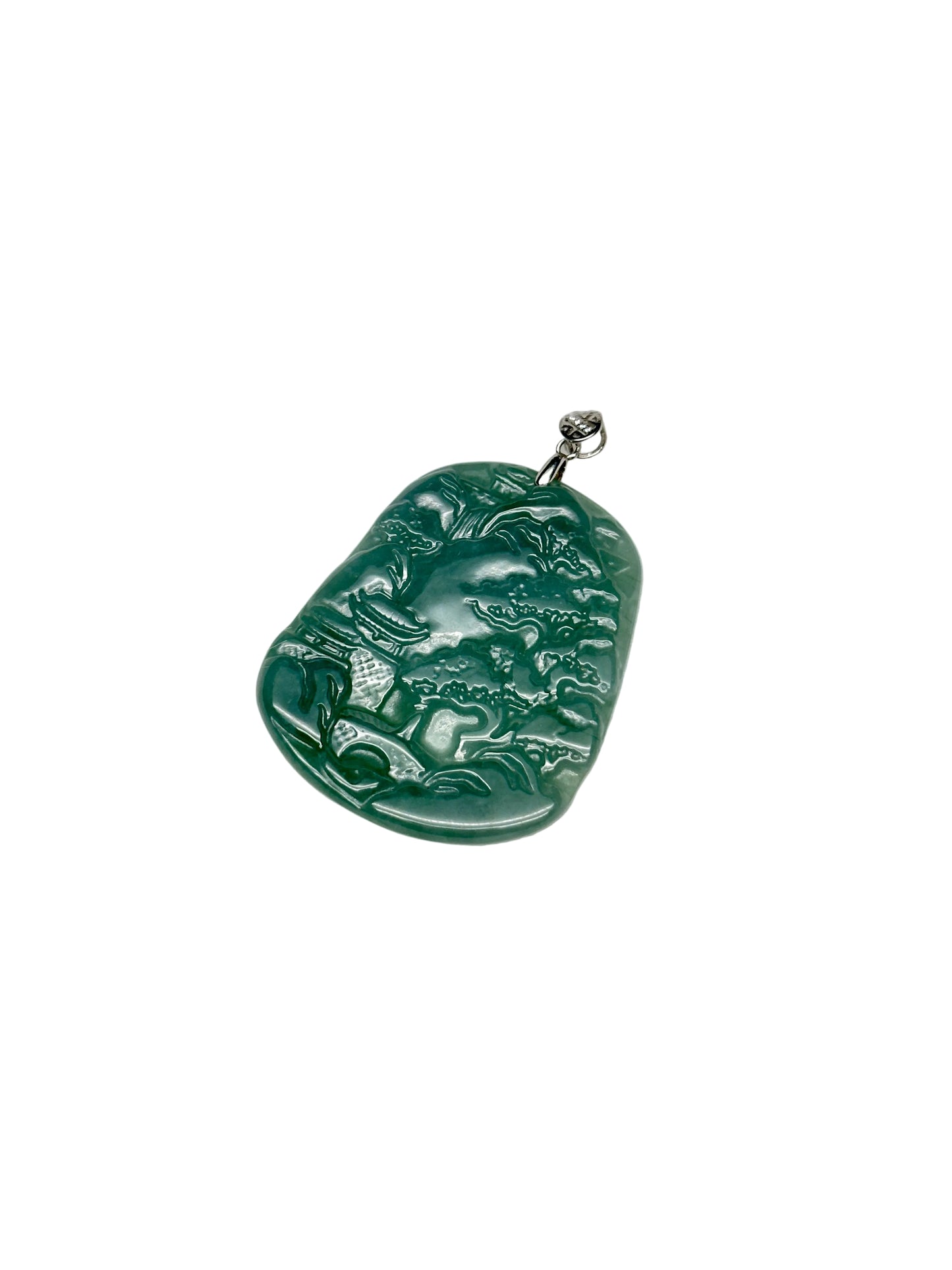 High-Quality Jade Carved Pendant – Scenic Carving with Sterling Silver Hook, Natural Green Jade