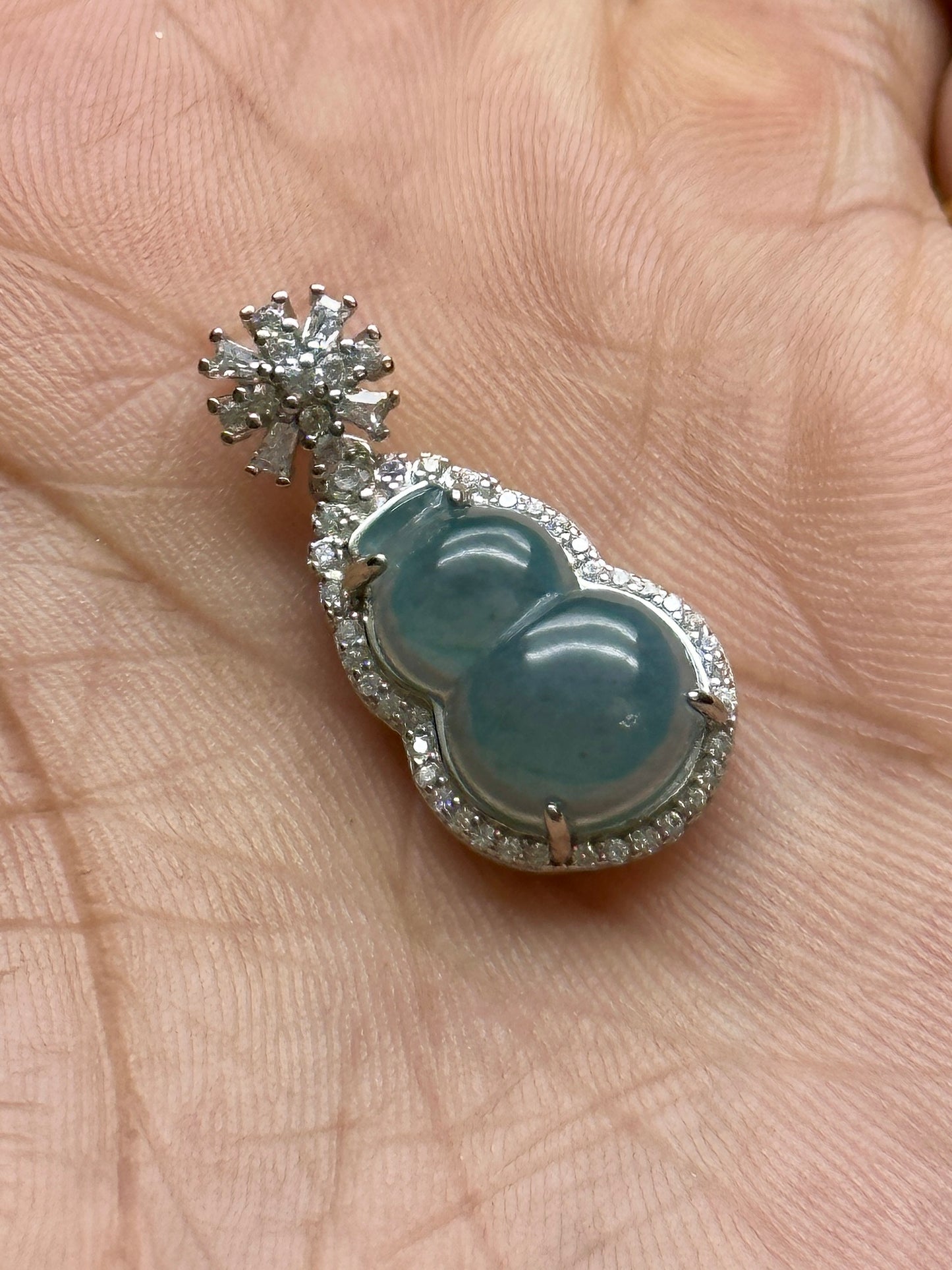 Jade Wu Lou Pendant with Moissanite Diamond – Sterling Silver Setting