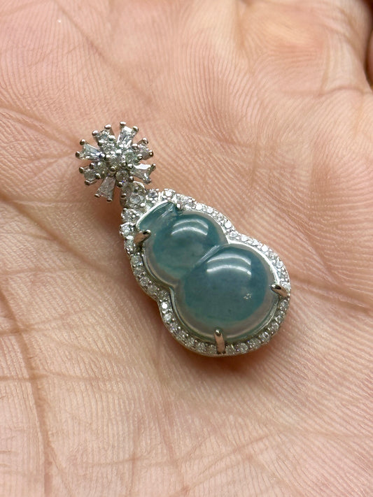 Jade Wu Lou Pendant with Moissanite Diamond – Sterling Silver Setting