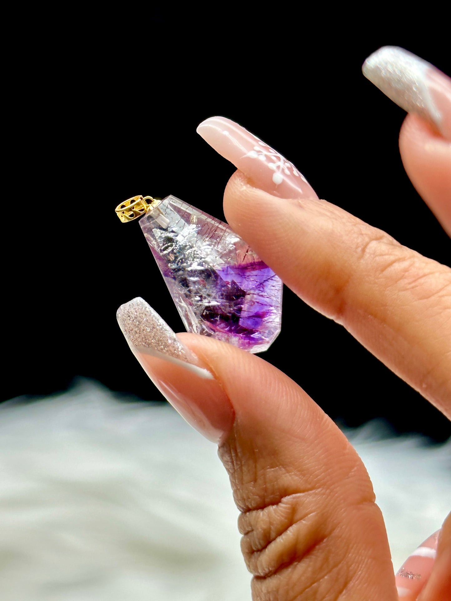 Rare Rutilated Super Seven Crystal Pendant – 18K Solid Gold Hook (No Chain)