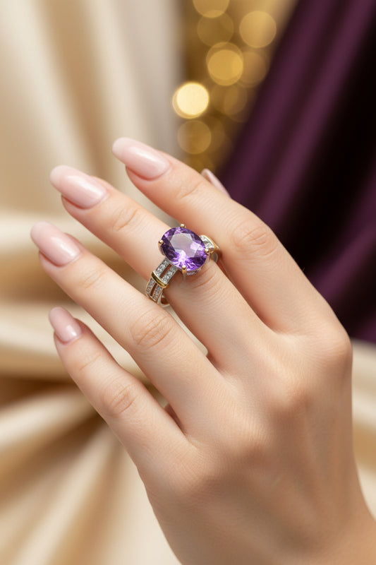 Amethyst Crystal Solitaire Ring – Adjustable Size, Sterling Silver Gemstone Ring