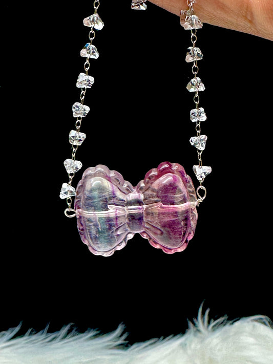 Purple & Blue Fluorite and Clear Quartz Necklace – Fluorite Bow Pendant, Handmade Crystal Jewelry