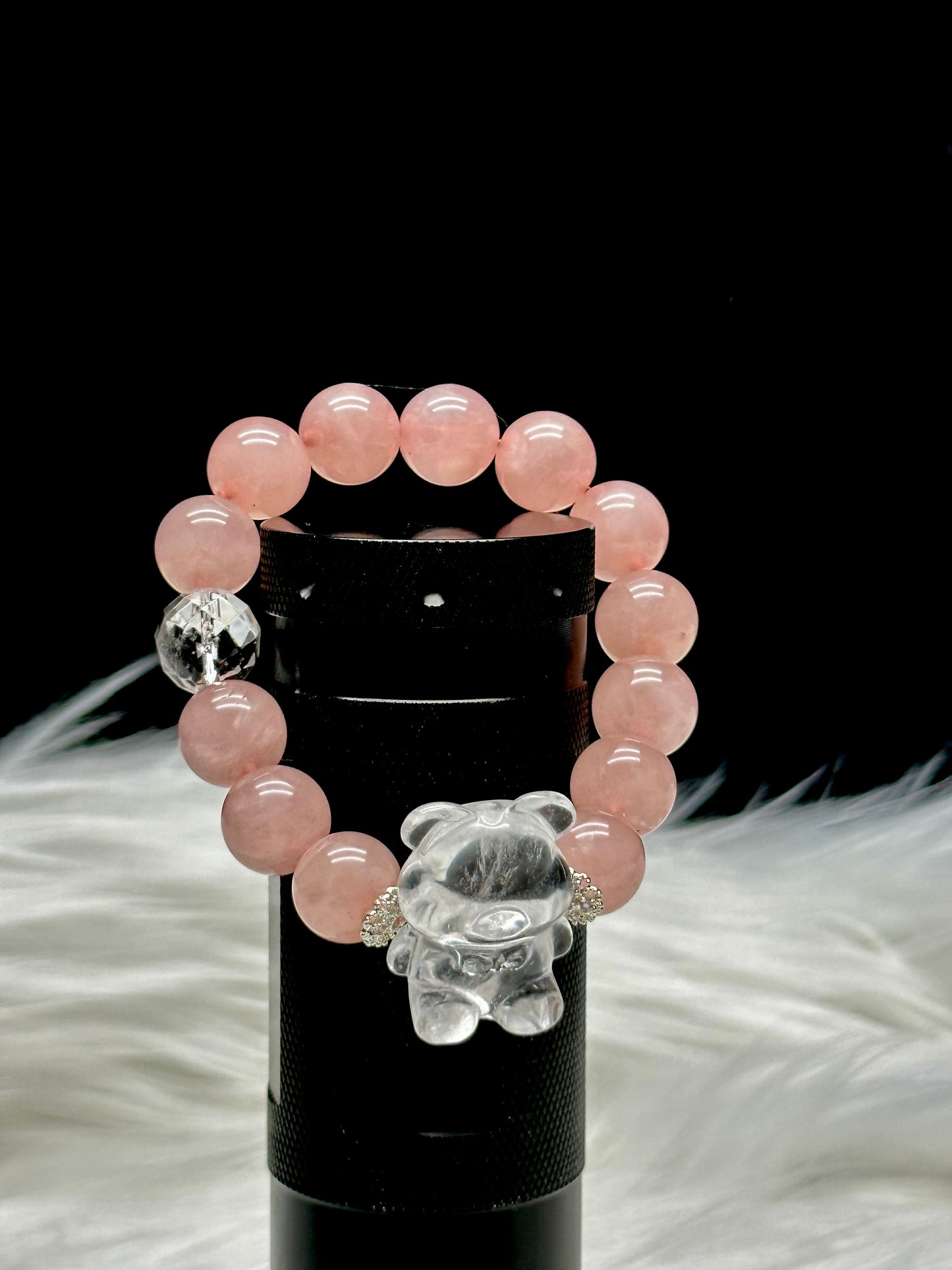 Mozambique Rose Quartz Crystal Bracelet with Clear Quartz Teddy Bear Centerpiece – Healing Crystal Jewelry