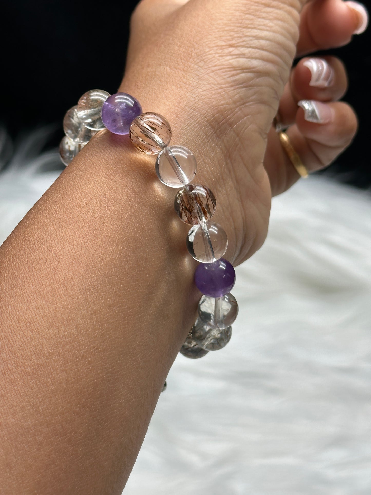Rutilated Quartz & Amethyst Crystal Bead Bracelet – 10.5mm, Stretchable, Sterling Silver Charm