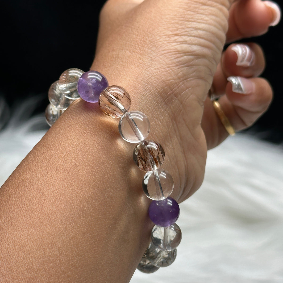 Rutilated Quartz & Amethyst Crystal Bead Bracelet – 10.5mm, Stretchable, Sterling Silver Charm