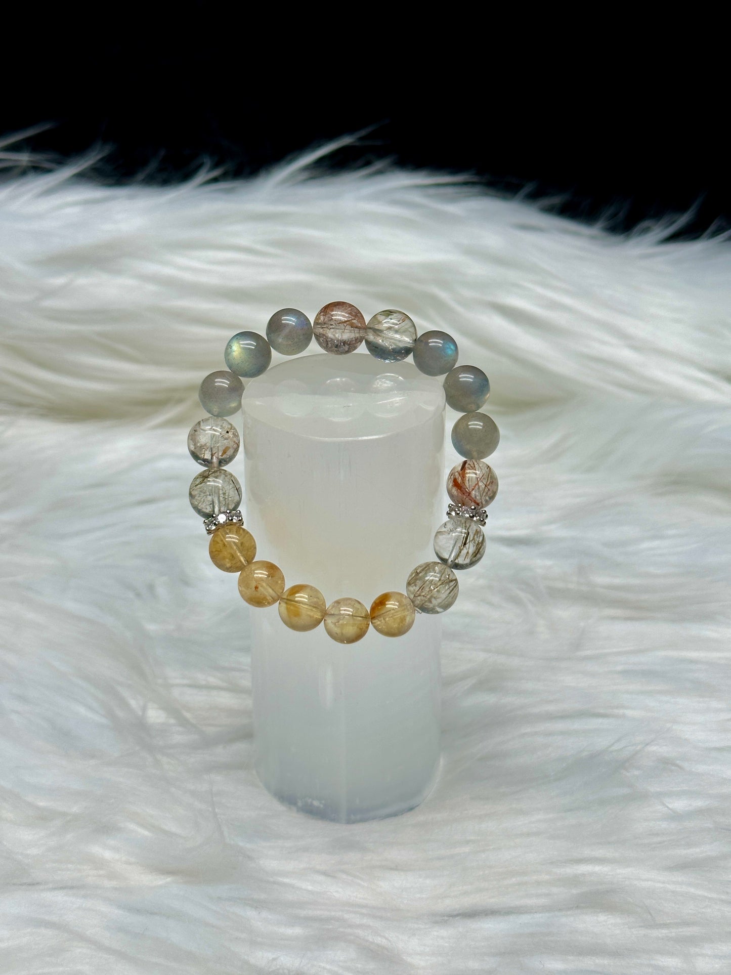 Golden Healer, Rutilated Quartz & Labradorite Crystal Bracelet – 10mm Beads, Stretch Cord, Sterling Silver Charm
