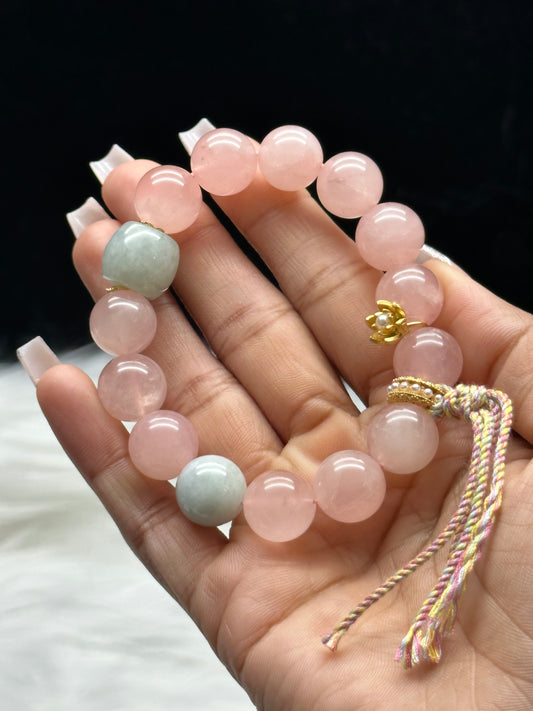 Rose Quartz & Jadeite Crystal Bracelet – 12mm Beads, Sterling Silver Flower Charm, High-Quality Gemstones