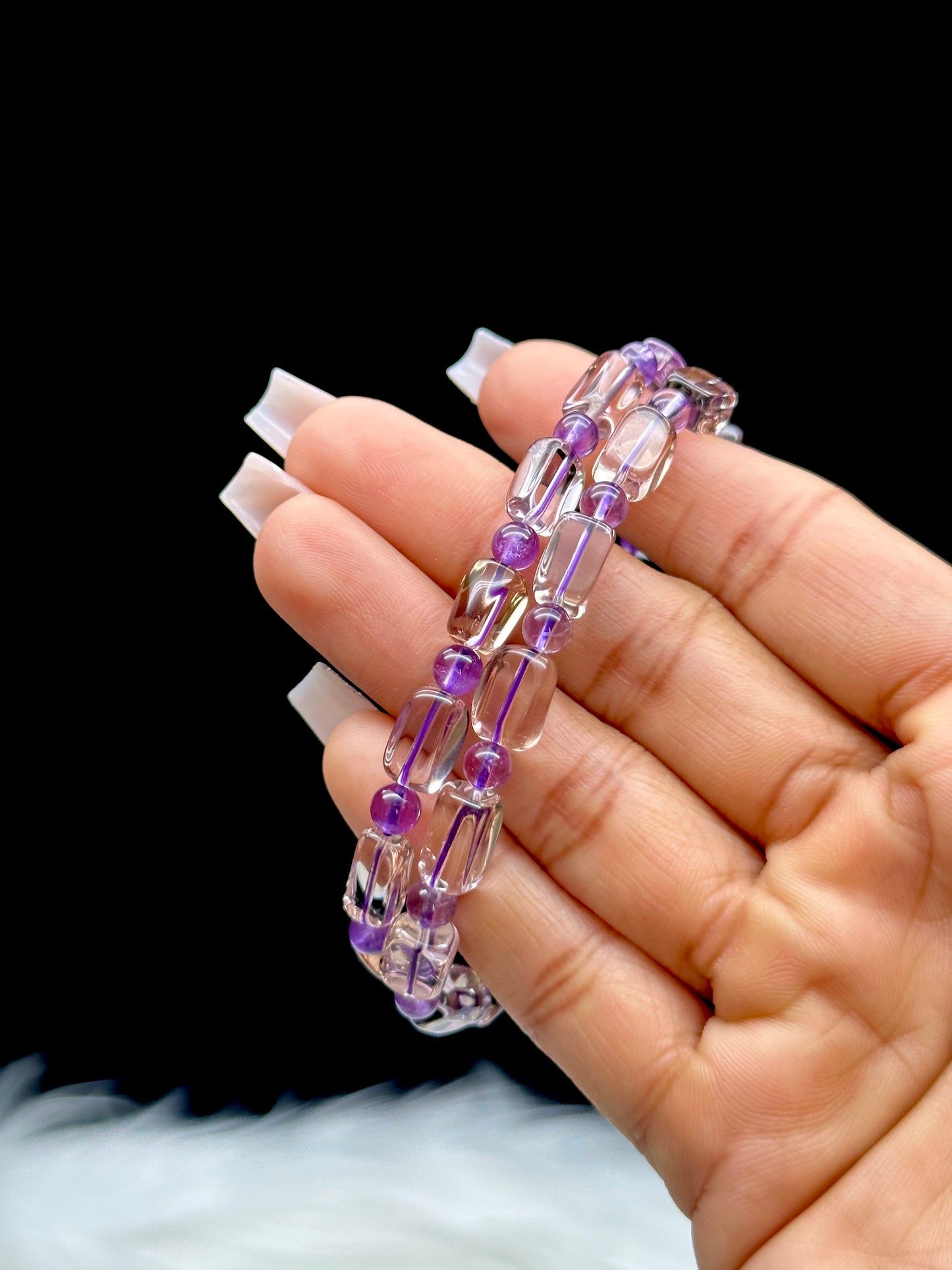 Ametrine Crystal Bracelet – Alternating Rectangle & Round Beads, Stretchable Cord, Handmade Energy Jewelry
