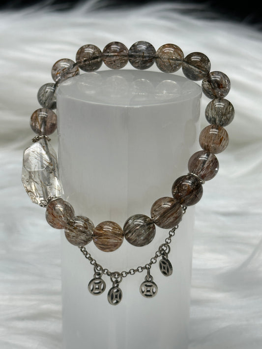 High-Quality Rutilated Quartz Crystal Bracelet – 11mm Beads with Sterling Silver Charms