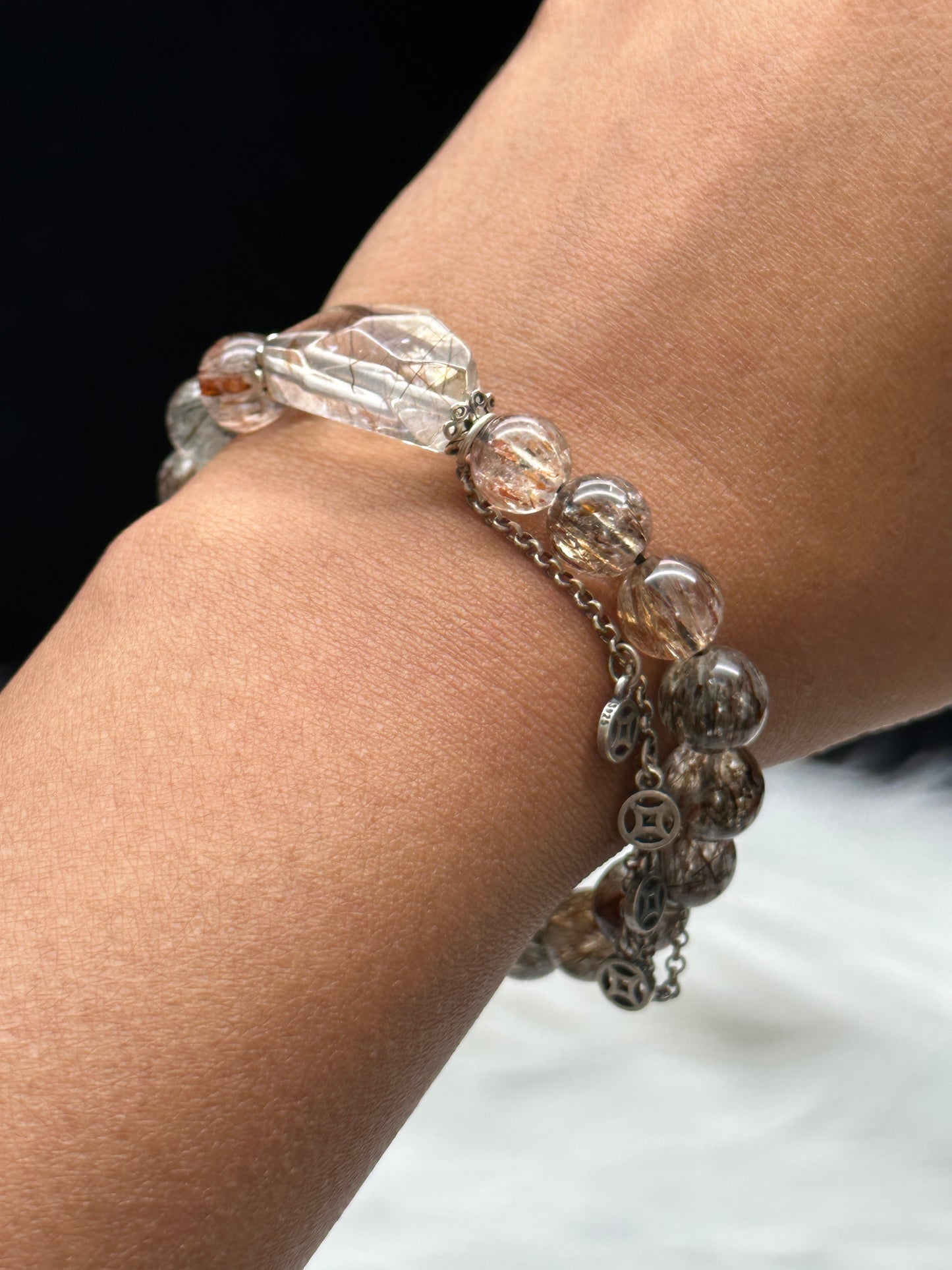 High-Quality Rutilated Quartz Crystal Bracelet – 11mm Beads with Sterling Silver Charms