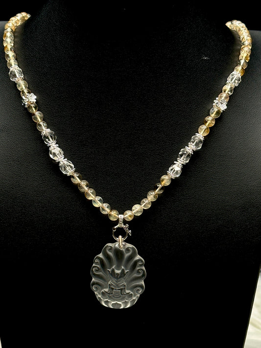 Citrine Bead Necklace with Clear Quartz Nine-Tail Fox Pendant – Adjustable Cord, 8mm Beads, Sterling Silver Accents