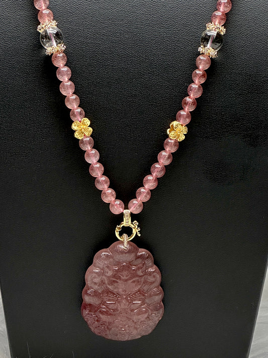 Strawberry Quartz Necklace with Nine-Tail Fox Pendant – 7.5mm Beads, Sterling Silver + 18K Gold Plated Spacers, Adjustable Clasp