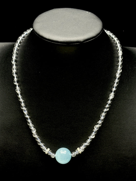 High-Quality Clear Quartz & Aquamarine Bead Necklace – Sterling Silver Hook & Charm, 13mm Aquamarine Center