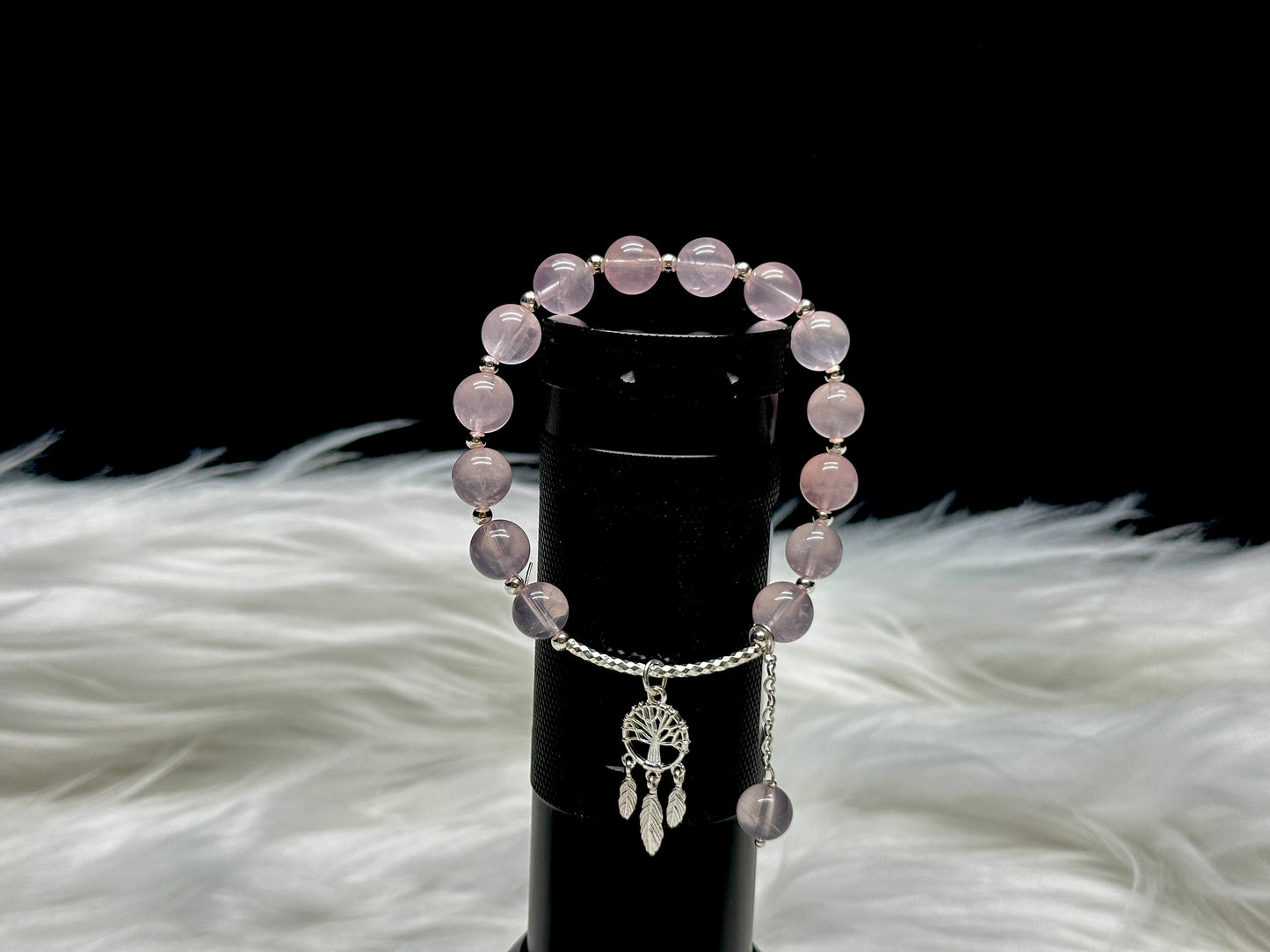 Rose Quartz Crystal Bracelet – Sterling Silver Dreamcatcher Charm, Stretch Cord, High Quality