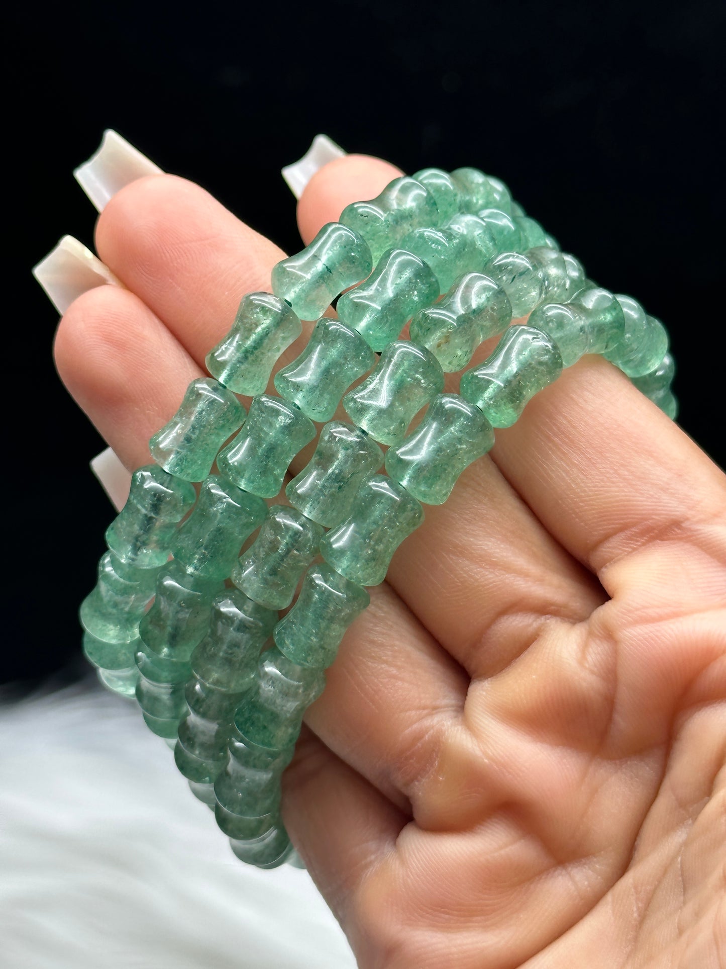Green Strawberry Quartz Bracelet – Natural Drum Style Beads, Heart-Healing Crystal Jewelry