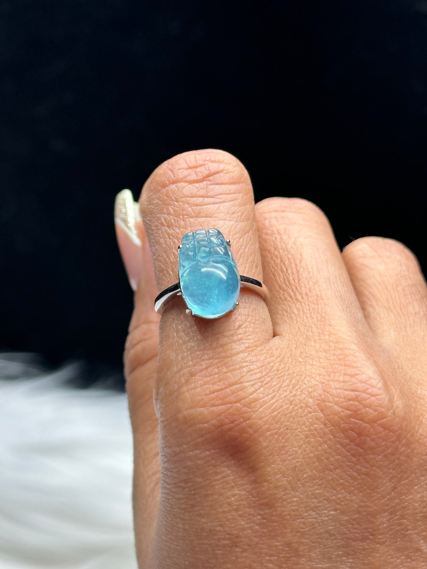 High Grade Gemmy Aquamarine Crystal Pixiu Ring – Adjustable Size, Sterling Silver