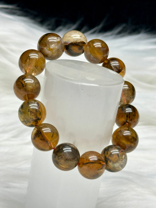 Rare High-Quality Dendritic Golden Healer Crystal Bracelet – 14mm Natural Beads