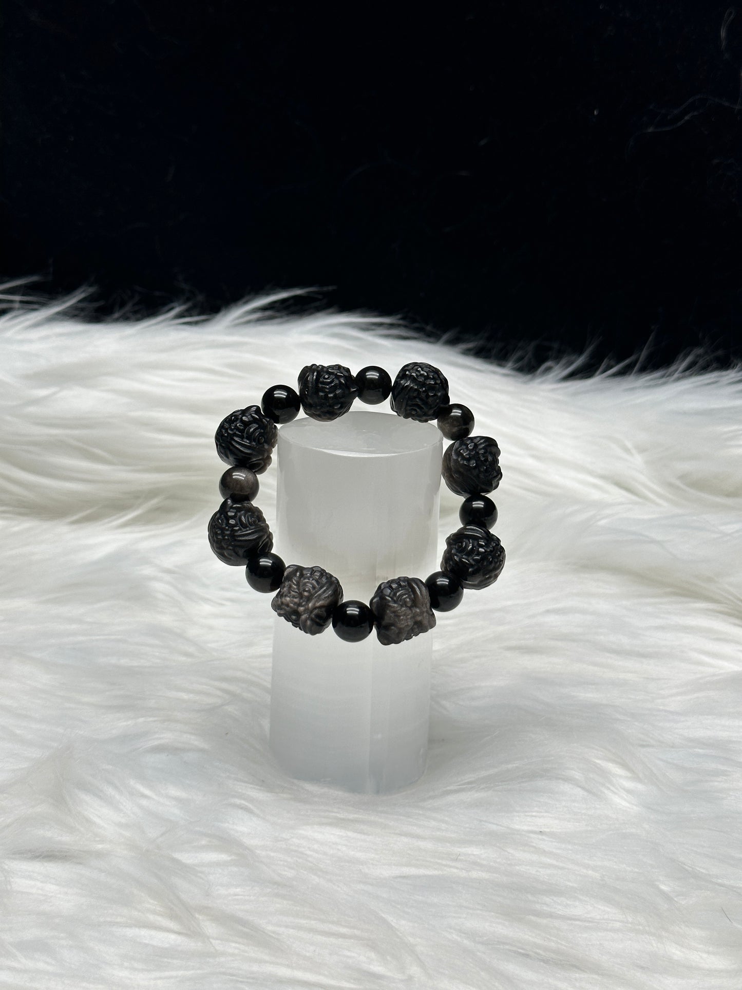Silver Sheen Obsidian Crystal Bracelet – Hand-Carved Fengshui Lion Beads, 16mm Protection & Power Bracelet