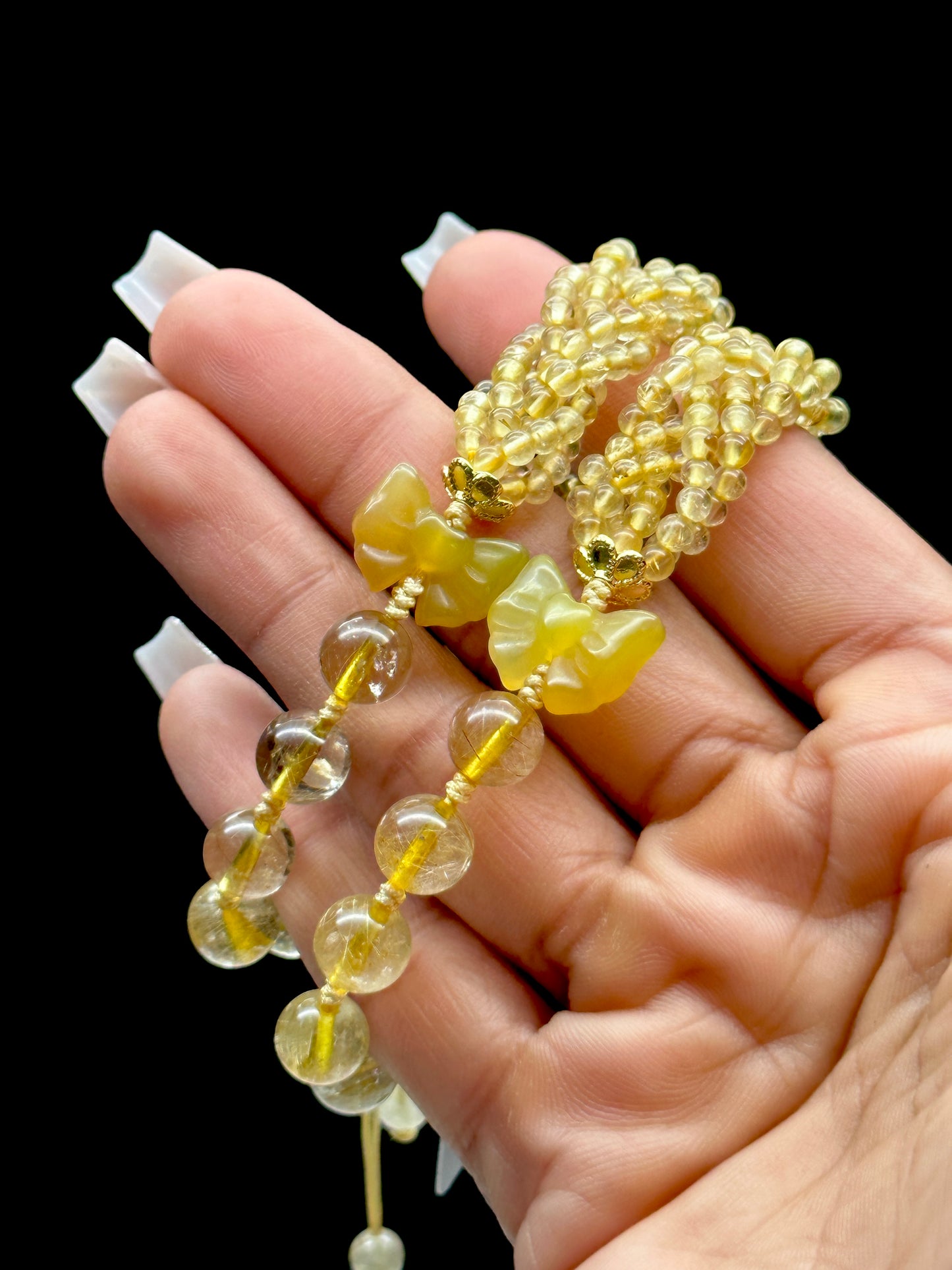 Gold Rutile Quartz Crystal Bracelet with Amber Butterfly Centerpiece – Handcrafted Healing Gemstone Jewelry