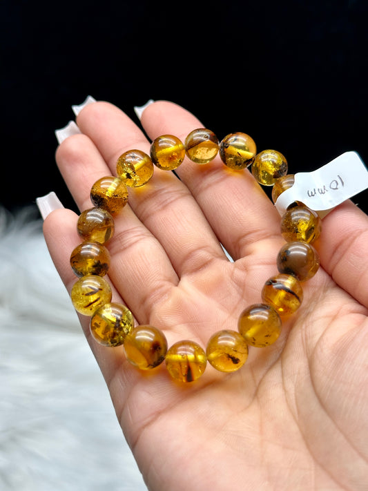 Natural Blue Amber Bracelet – 10mm Beads | Rare Gemstone | Stretchable Crystal Bracelet