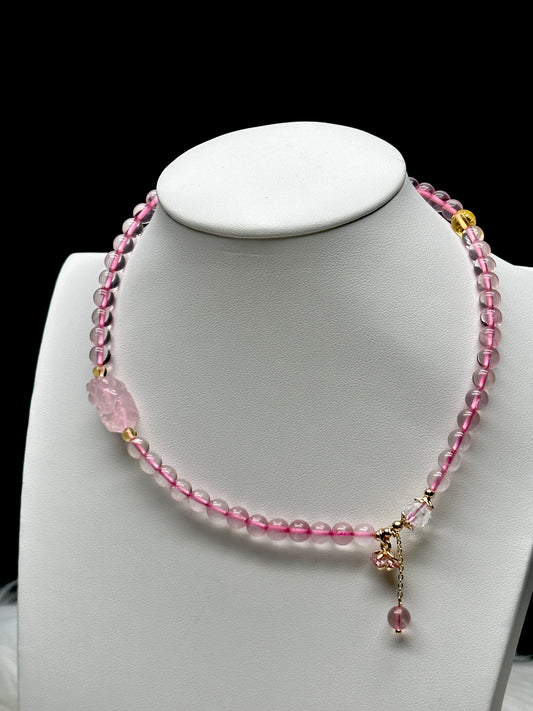 Rose Quartz Bead Bracelet/Necklace with Pixiu Carved Centerpiece – Dual Wear Jewelry for Love & Wealth