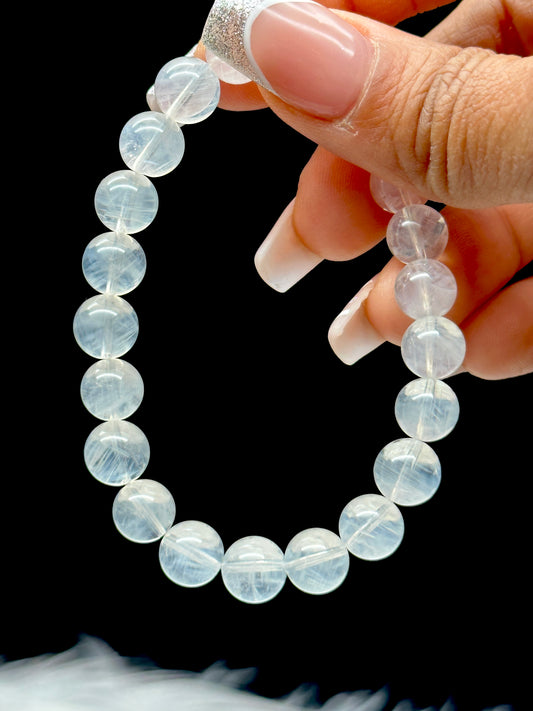 Rare Blue Needle Quartz Crystal Bracelet – 8mm Beads, Visible Blue Inclusions, Powerful Energy