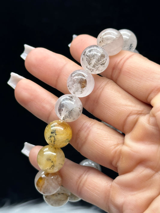 Natural Dendritic Quartz Crystal Bracelet – 12mm Beads with Golden Healer Inclusions