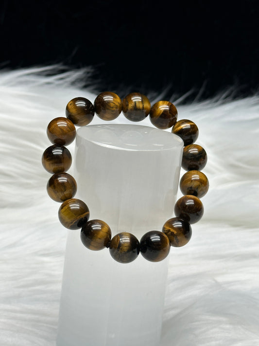 Natural Tiger Eye Crystal Bracelet | 12mm Beads | Stretchable Cord | No Size Customization