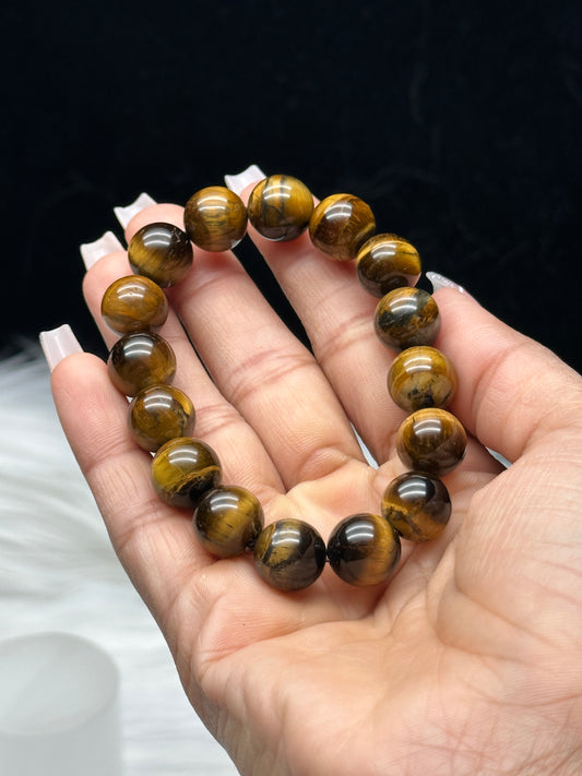 Natural Tiger Eye Crystal Bracelet | 12mm Beads | Stretchable Cord | No Size Customization