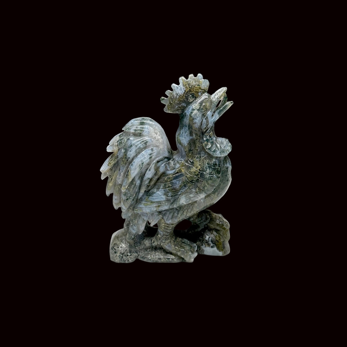 Natural High-Quality Moss Agate Crystal Rooster Carving - 6.6 Inches - Invigorate Your Space with Abundance