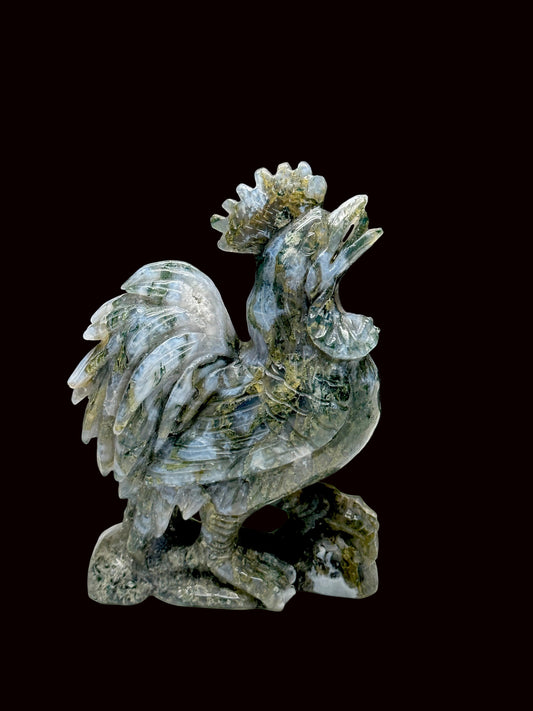 Natural High-Quality Moss Agate Crystal Rooster Carving - 6.6 Inches - Invigorate Your Space with Abundance